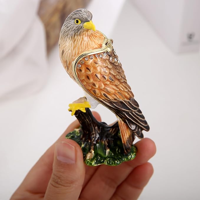 Hand Painted Animal Trinket Box for Home Decor, Hinged Jewelry Organizer Storage, Unique Personalized Collectible Keepsake Figurine Handmade Decorative Ornament Gifts (Kestrel)