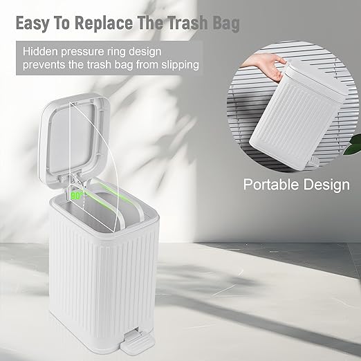 rejomiik Small Bathroom Trash Can with Lid Slim Soft Close Garbage Can Step Wastebasket Container Trash Bin for Office Bedroom Kitchen Living Room (1.9 Gallon White)