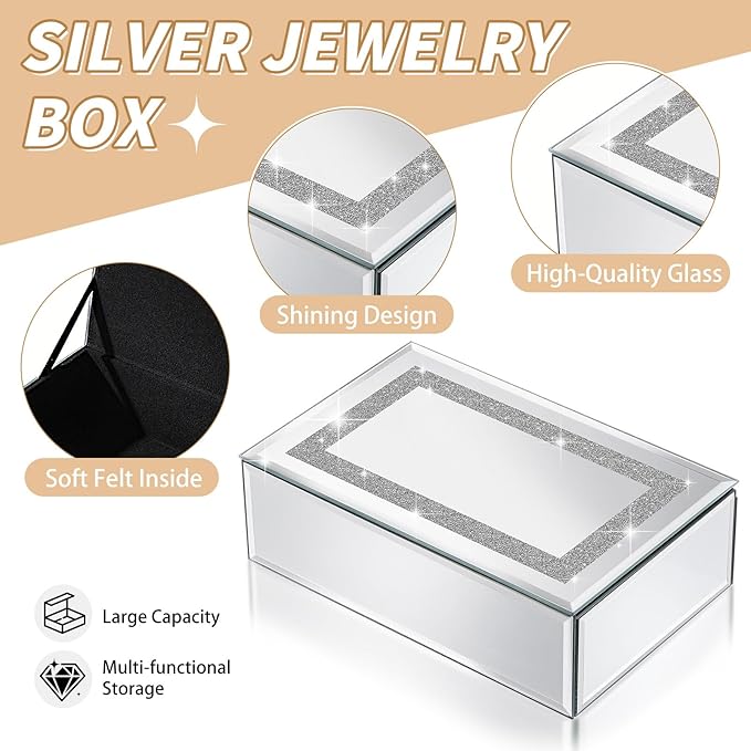 Luxury Mirrored Jewelry Box with Crushed Diamond - Glass Jewelry Box Organizer Storage Ring Holder Case for Women