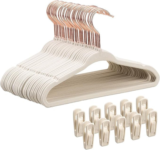 Tonswachic Baby Velvet Hangers 30 Pack - 11 Inch Premium Felt Non Slip Kids Hanger for Infant & Toddler Clothes - 0.2" Slim Space-Saving Baby Felt Hangers for Children's Closet with 10 Clips - Beige