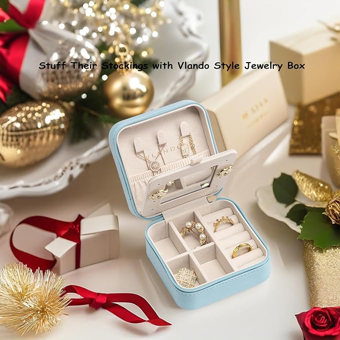 Vlando Small Travel Jewelry Box Organizer - Mirrored Jewelries Necklaces Rings Earrings Necklace Storage Case, Baby Blue