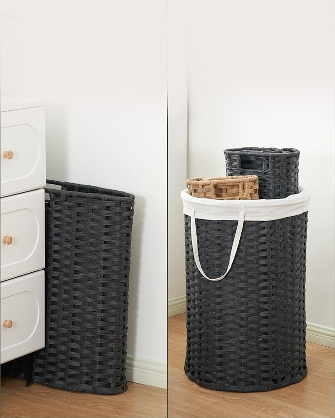 SETVSON Laundry Hamper with Lid Laundry Basket with Lid 19.0 Gal (72 L) Round Wicker Laundry Basket Handwoven Rattan Basket with Lid Removable Bag 2 Mesh Bags Handles for Living Room Bathroom Black