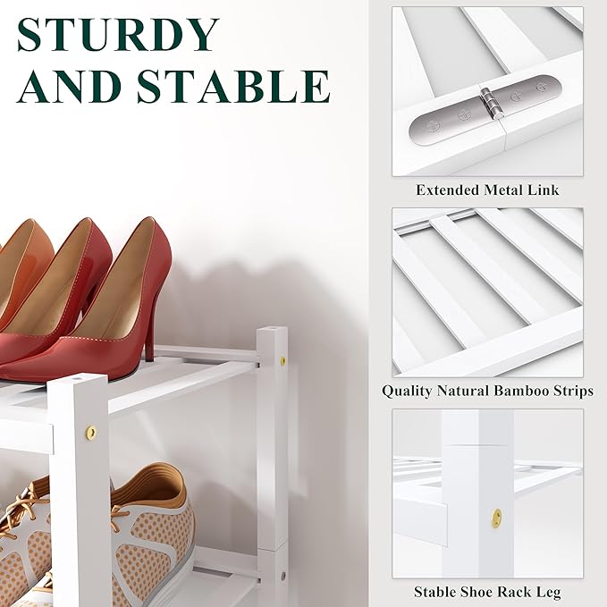 Smiry Bamboo Shoe Rack for Closet, 2 Tier Wooden Stackable Shoe Organizer, Free Standing Shoes Storage Shelf for Entryway, Front Door Entrance, White