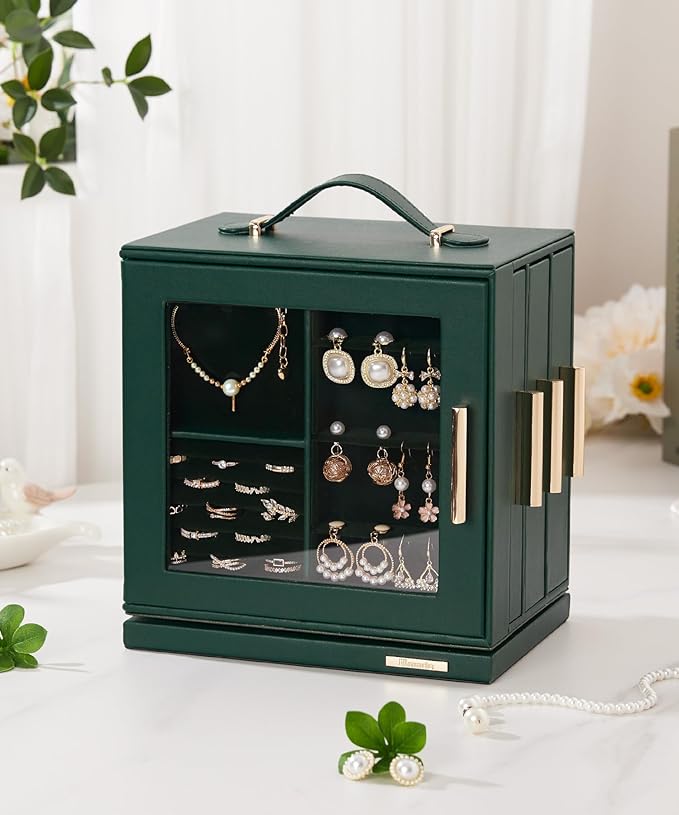 Homde Jewelry Box for Women Large: Rotating Organizer for Ring Earring Necklace Bracelet - 7 Drawers Storage for Dresser (Forest Green)