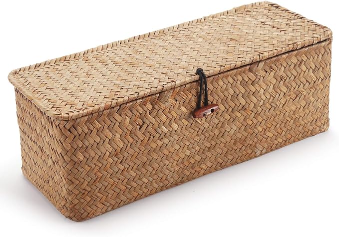 Seagrass Tank Basket with Lid Woven Toilet Roll Storage Basket with Sections Rectangular for Organize Snack Toys Tampon (Large Compartment 16.5inch L x 5.5inch W x 5.5inch H) Natural