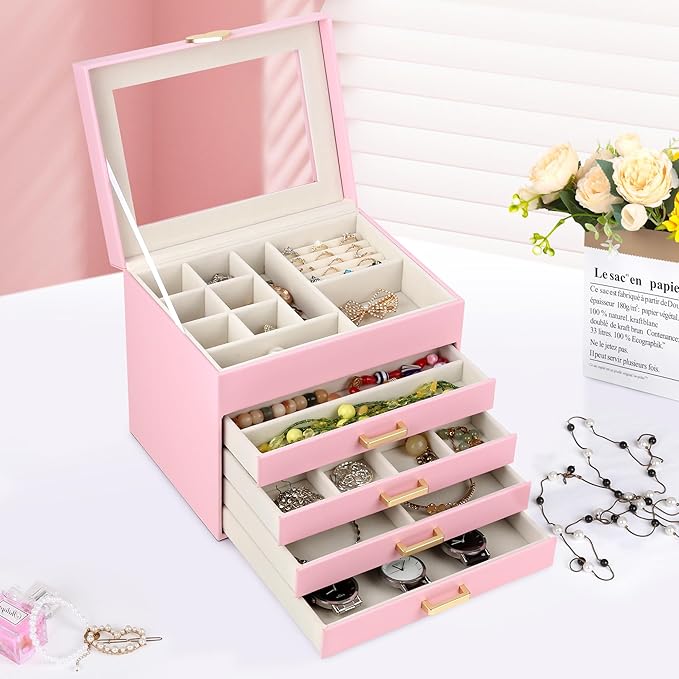 Kendal Jewelry Box, 5-Layer Jewelry Organizer Box with Glass Lid, Pink, Heart Shaped PU Leather, Storage Box for Necklace Earrings Rings Bracelets, Gift Idea for Girls LJC4DRPK
