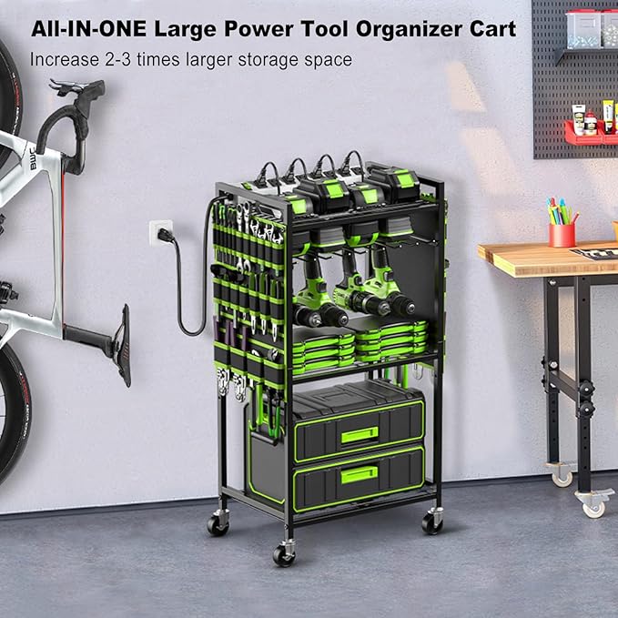JUNNUJ Large Power Tool Organizer Cart with Charging Station, Garage Floor Standing Rolling Drill and Tools Battery Storage Cart on Wheels, Heavy Duty Rack Shelf with 8 Outlet Power Strip, Green