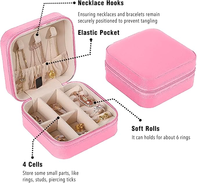 Small Travel Jewelry Box, Portable Mini Jewelry Leather Box Jewelry Ring Organizer Case Storage Holder Gift Boxes for Girls Women, Rose pink