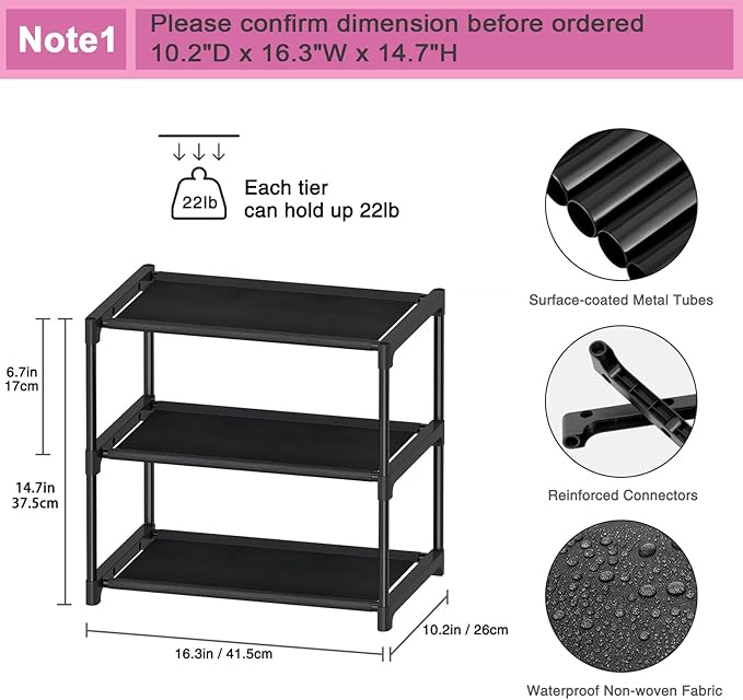 Autonomier 3 Tier Extra Small Shoe Rack (16.3" Wide), Narrow Stackable Shoe Shelf for Kids Toddler Adult, Ultra-Lightweight Shoe Rack Stand for Closet Dorm Bedroom Storage Organizer, Entryway