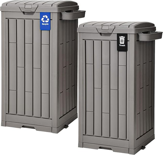 DWVO 38 Gallon Outdoor Trash Can, Set of 2 Resin Garbage Bins with Lids, Includes 2 Sorting Labels, Ash Holder, Stakes & Suction Cups, Hideaway Storage for Patio Backyard Garden, Light Brown