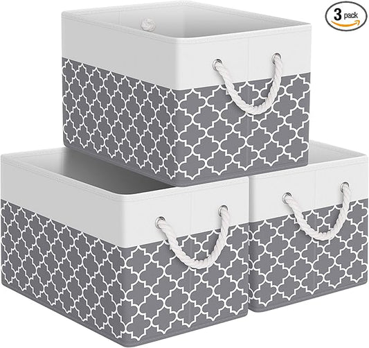 StorageTastic Storage Bin,Collapsible Storage Basket For Organizing,Large Storage Boxes With Rope Handles,Storage Containers,Clover Grey,3 Pack