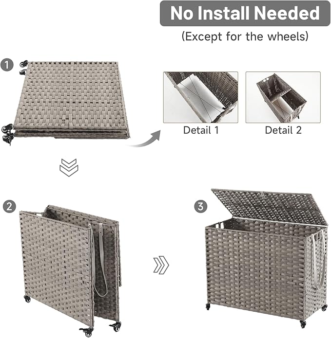 Laundry Hamper with Wheels, 52.8 Gallon(200L) Rolling Laundry Basket with Lid, 3-Section Rattan Clothes Hamper with 3 Removable Liner & 3 Mesh Bags, Laundry Sorter with Side Pocket, Grey