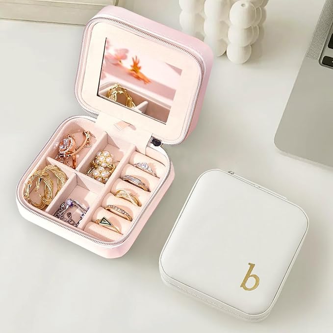 COLLECTIVE HOME - Travel Jewelry Case, Elegant Square Design with Gold Engraved Monogram, Built-in Mirror, Personalized Accessory Organizer for Rings, Necklaces, Gift for Women and Teens (b)