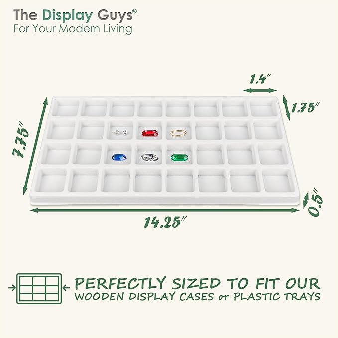 TheDisplayGuys For Your Modern Living 2-Pack 32-Compartments Flocked Velvet Jewelry Display Inserts - Tray/Case Liners - Ring Earrings Storage, (White) by The Display Guys