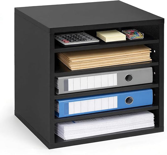 VEVOR Literature Organizer, 5 Compartments Office Mailbox with Adjustable Shelves, Wooden Mailbox Sorter with MDF, Countertop Office Home Classroom Storage Organizer for File, Document, Paper, Black