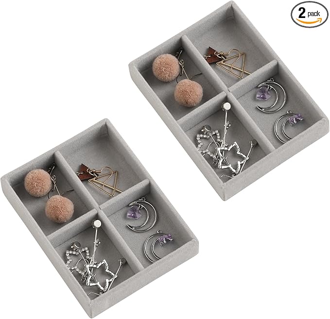 Frebeauty Small Jewelry Tray Set,Stackable Velvet Jewelry Organizer Tray,Mini Jewelry Drawer Organizer,Drawer Inserts,4.92 x 3.74 x 0.9 Inches,4 Grid Earring Organizer for Women(Set 2,Grey)