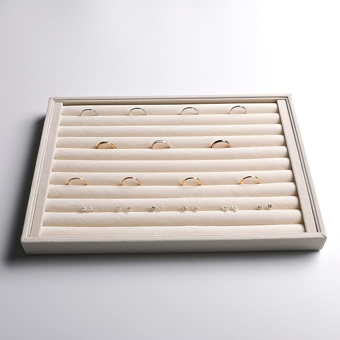 Frebeauty Stackable Velvet Jewelry Organizer Trays for Drawers Inserts Jewelry Storage Tray Display Case Earrings Bracelets Necklace Rings Accessories Trays for Women Girls(Set of 4)（Beige