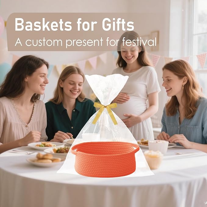 JMvicyroam Woven Basket,Small Rope Storage Bin with Handles & Ribbon Bag, Organizer for Shelves Closets,Gift Basket Empty for Birthday,Books,Dog Toys,Orange/3 Pack