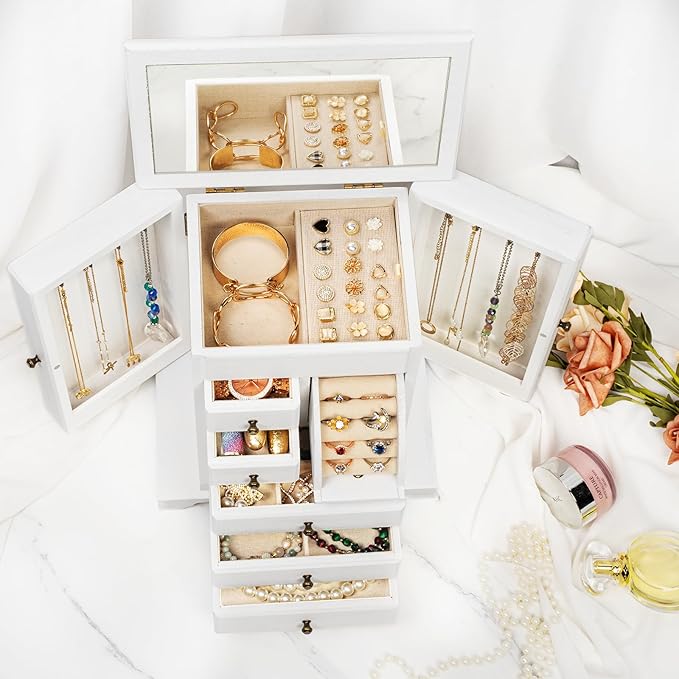 Jewelry Box for Women, Rustic Wooden Jewelry Boxes & Organizers with Mirror & Drawers,6 Layer Jewelry Organizer Box for Rings Earrings Necklaces Bracelets ((Weathered White)