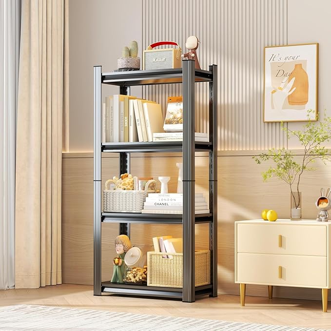 4-Tier Garage Shelving, Metal Storage Shelf, 2-in-1 Adjustable 3020 lbs Heavy Duty Shelves Unit , Upgraded Reinforced Double-Layer Columns for Garage Basement Kitchen Black (54×16×10in-4 Tier)