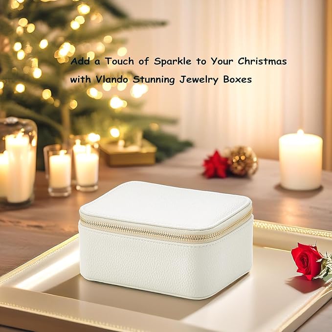 VLANDO Travel Jewelry Box Organizer – Portable PU Leather Jewelry Case with 6/8/12 Zippered Pouches, Compact Storage for Earrings Rings Necklaces Bracelets, Offwhite