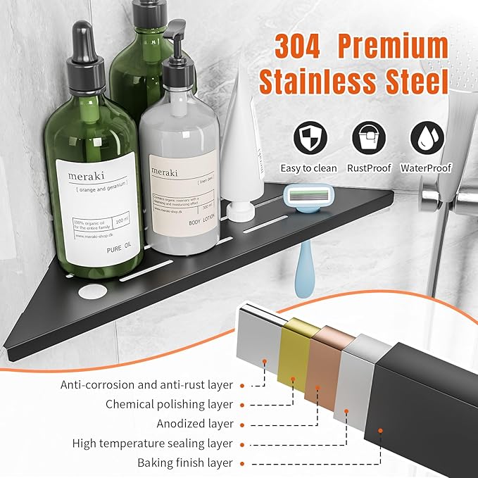 Corner Shower Shelves with Razor Hole, Modern Sturdy Shower Caddy, 10" 304 Stainless Steel Shower Organizers Bathroom Shelf for Tile Wall, No Drilling Grout Mount Shelf for Shower,Bathroom Accessories