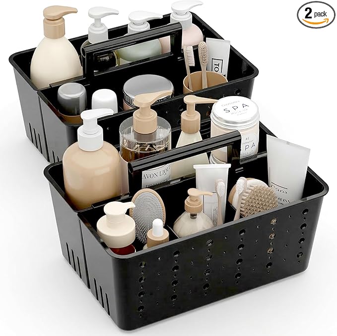 Lifewit Shower Caddy Portable, Cleaning Supplies Caddy Organizer with Handle and Adjustable Dividers, Plastic Shower Basket for Dorm Room Essentials, College, Bathroom, Black, 2 Packs