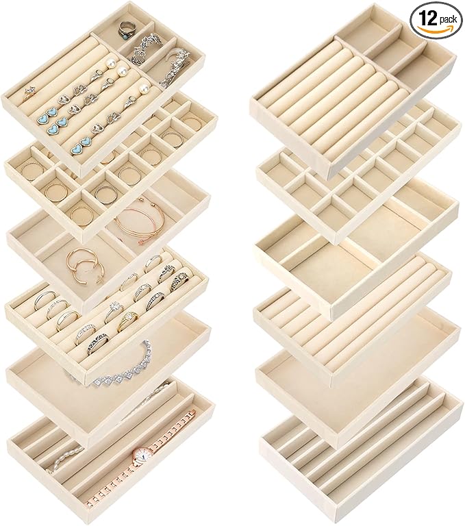 12Pcs Velvet Stackable Jewelry Trays, Jewelry Drawer Organizer, Large Removable Display Jewelry Tray, Necklace Bracelet Storage Box for Earring, Ring, Brooch, Watch (Beige)