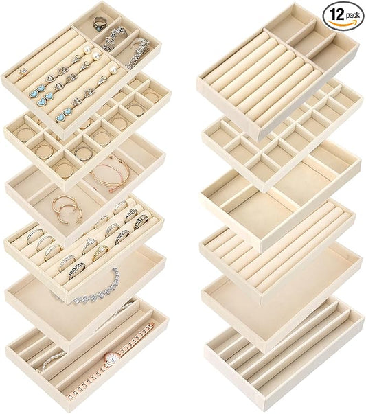 12Pcs Velvet Stackable Jewelry Trays, Jewelry Drawer Organizer, Large Removable Display Jewelry Tray, Necklace Bracelet Storage Box for Earring, Ring, Brooch, Watch (Beige)