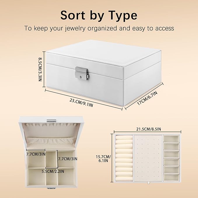 Homeanda Jewelry box 2 layer Jewelry box Leather Jewelry boxes for Women Girls Teens Jewelry organizer box Jewelry Storage box with lock(White)