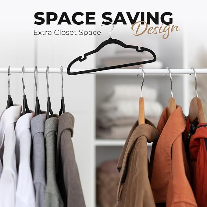 Our Modern Space 200 Pack Velvet Hanger for Shirt Pants Dresses Skirts Suits Jackets - Slim Space Saving Design - Standard Coat Hanger - Sturdy & Durable Design with Shoulder Grooves Hook