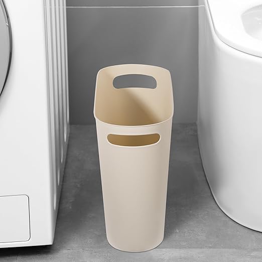rejomiik Small Trash Can, 3.5 Gallon Slim Garbage Can Plastic Waste Basket with Handles Container Bin for Narrow Spaces Bathroom, Bedroom, Kitchen, Office at Home, Cream