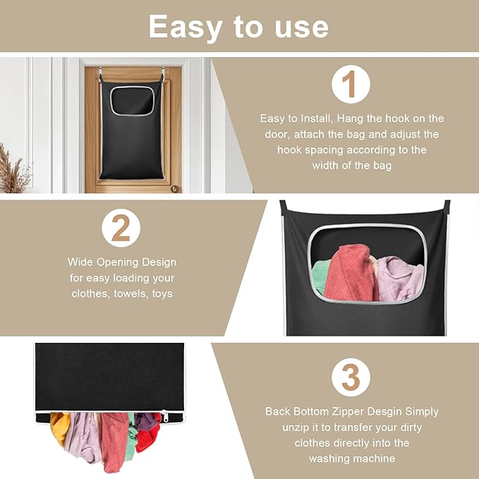 Over the Door Laundry Hamper, Hanging Laundry Hamper Bag with Wide Opening and Full-Length Zipper, Easy Storage & Access, Space Saving for Bathroom, Bedroom, Dorm, Travel (Black)