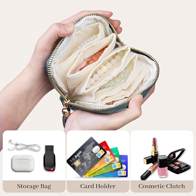 Stratalife Travel Jewelry Case - Portable Jewelry Pouches for Gemstones Healing Crystal, Bracelets Bangles Storage, Necklace Ring Holder Organizer with Zipper for Women, Mint Blue Tassel