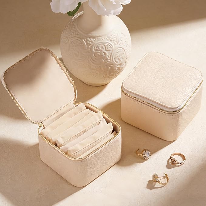 Travel Jewelry Organizer, Travel Jewelry Box with 6 Velvet Zipped Pouches Bags for Jewelries Necklaces Rings Earrings Sorting Storage for Women Girl Gifts, Ivory