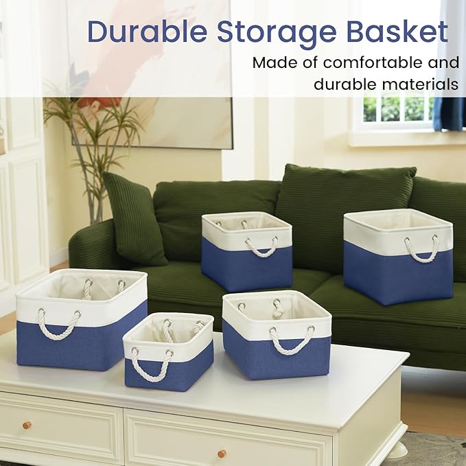 Storage Baskets for Shelves 13.8x9.8x6.7 Inch, Foldable Fabric Storage Bins with Handles, Small Storage Baskets for Organizing Closet, Office, Home Organization (3-Pack, White&Blue)