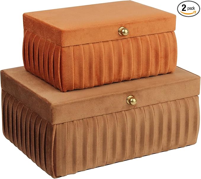 HofferRuffer Velvet Decorative Boxes, Jewelry Boxes Storage Accessory Organizer Boxes with Elegant Handle Decor, Classic Velvet Set of 2 Pieces (Brown)