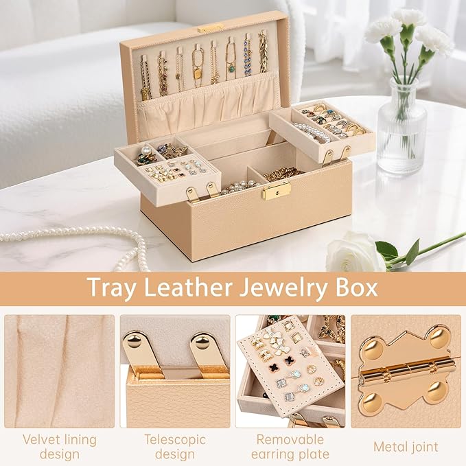 AKOZLIN Travel Jewelry Box Organizer Functional 2-trays Leather Jewelry Storage Case with Lockable Portable for Women Girls Ring Necklace Earring Bracelet Champagne