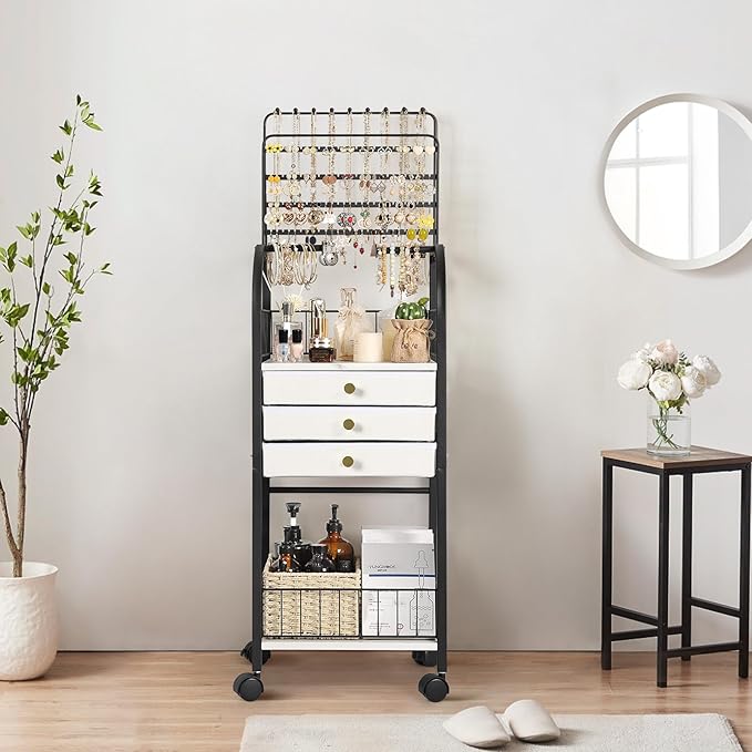 Keebofly Large Jewelry Organizer Stand with 3 Drawers, Floor Display Holder with Necklace, Earring, Bracelet, Ring Storage — Rolling Armoire Tower for Bedroom or Closet (Black)
