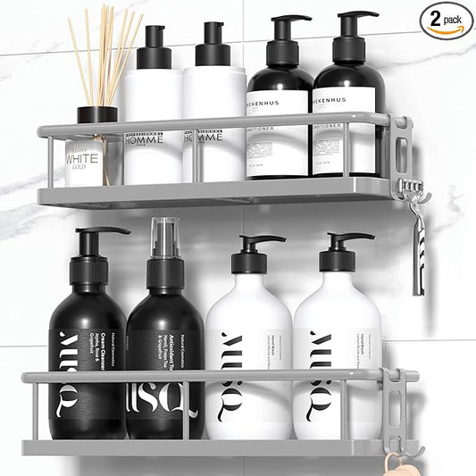 YASONIC Shower Caddy Adhesive, No Drill Bathroom Shower Organizers, with Removable Hooks, Rust Proof Shower Shelves, Wall-Mounted Shower Holder, Grey, 2 Pack