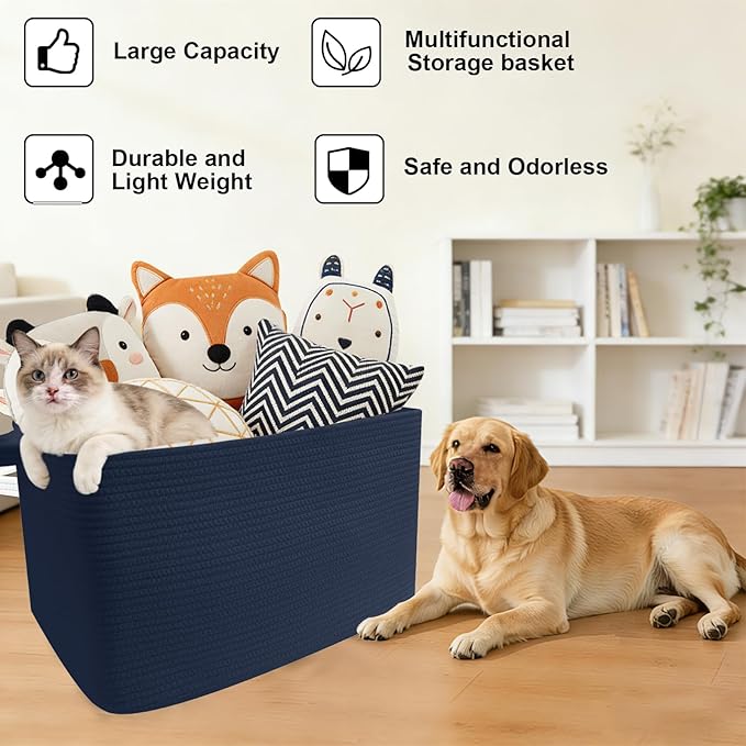 Large Blanket Basket,Woven Rope Basket Storage Bin with Handles,65L Rectangle Laundry Basket for Magazines,Toys,Clothes,Newspaper Shelf Organization,Nursery and Living Room,Navy