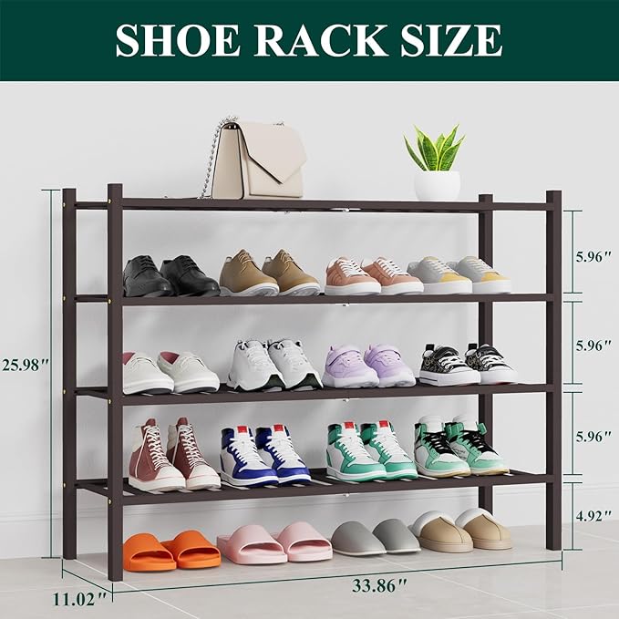 Smiry Shoe Rack, 4 Tier Thick Long Bamboo Shoe Organizer, Stackable Free Standing Wooden Shoe Storage Shelf for Closet, Entryway, Front Door Entrance, Brown