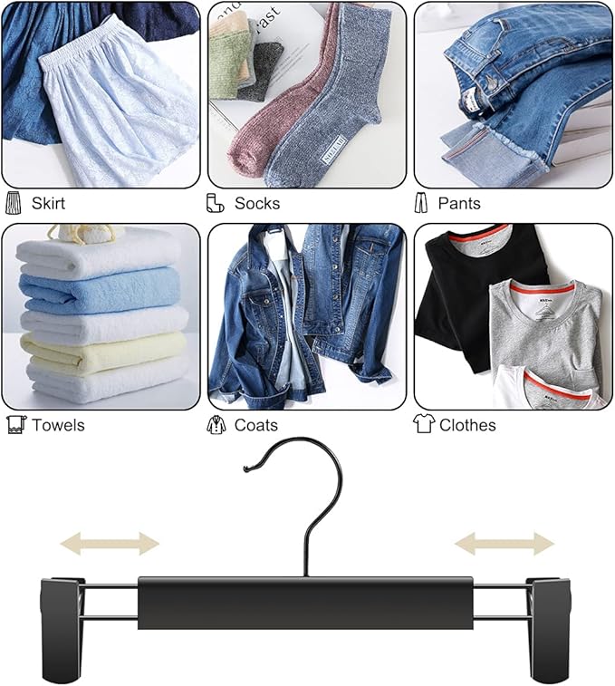 GUANJUNE Clothes Pants Hangers, Space-Saving Skirt Holders with 360 ° Swivel Hooks, Adjustable Clips, Trouser Hangers, Clothes Coat Garment Jeans Hangers (20 Pack, Black)