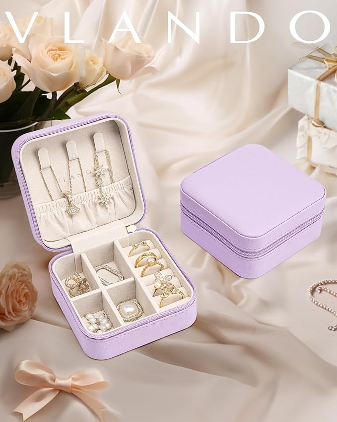 VLANDO Small Travel Jewelry Box Organizer - Girls Women Gift Rings Earrings Necklaces Jewelry Storage Display Case Purple