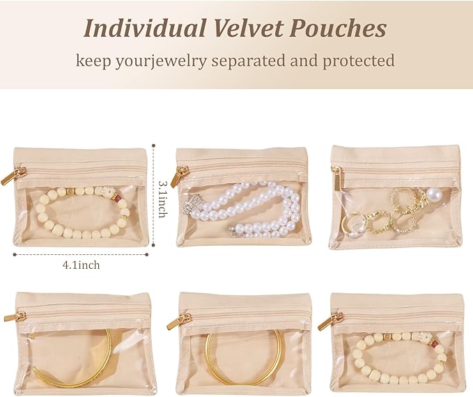 Travel Jewelry Organizer, Travel Jewelry Box with 6 Velvet Zipped Pouches Bags for Jewelries Necklaces Rings Earrings Sorting Storage for Women Girl Gifts, Mint Green