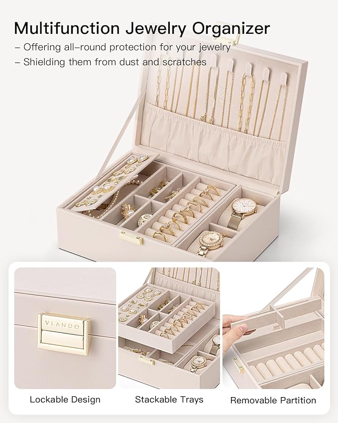 VLANDO 2 Layer Jewelry Boxes Large Jewelry Organizer for Women Removable Jewelery Tray for Watch Necklace Earrings Rings Bracelets Mothers Gifts Mom Gifts(Apricot White)