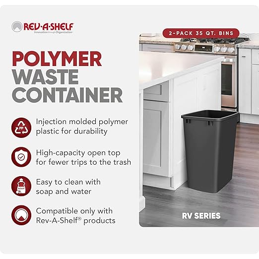 Rev-A-Shelf 2-Pack 35 Quart Polymer Replacement Trash Bin, Recycle Waste Garbage Container for Kitchen Cabinet Pullouts, Black, RV-35-18-2 - Large Plastic Bins for Home and Office
