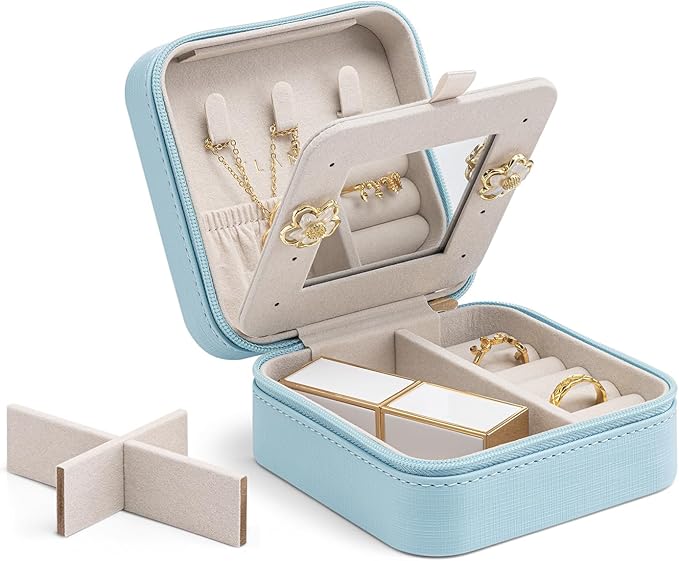Vlando Small Travel Jewelry Box Organizer - Mirrored Jewelries Necklaces Rings Earrings Necklace Storage Case, Baby Blue