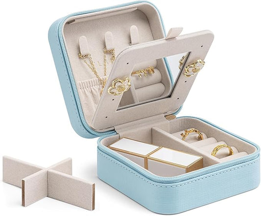 Vlando Small Travel Jewelry Box Organizer - Mirrored Jewelries Necklaces Rings Earrings Necklace Storage Case, Baby Blue