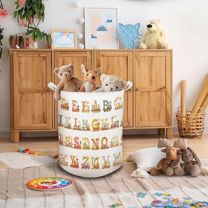 Kids Nursery Laundry Basket, Toybox for Girls Boys, Alphabets Trains Transportation Laundry Basket Hamper Waterproof Collapsible Storage Bin Organizer for Bedroom Bathroom Kids Room Clothes Toys